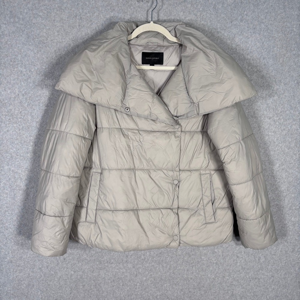 Banana Republic Short Duvet Puffer Coat Small Quilted Funnel Collar Asymmetric‎